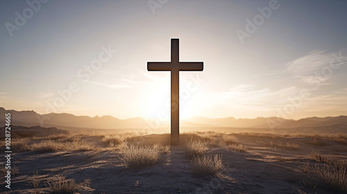 Sunrise Over a Cross in a Barren Landscape, Symbolizing Hope and Faith in a Serene Morning Setting