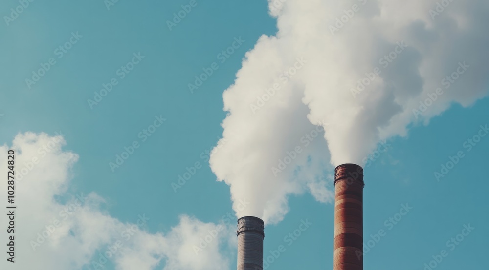 Close-up of two large smokestacks emitting thick white clouds against the blue sky, Close-up of two large smokestacks emitting thick white clouds against the blue sky,