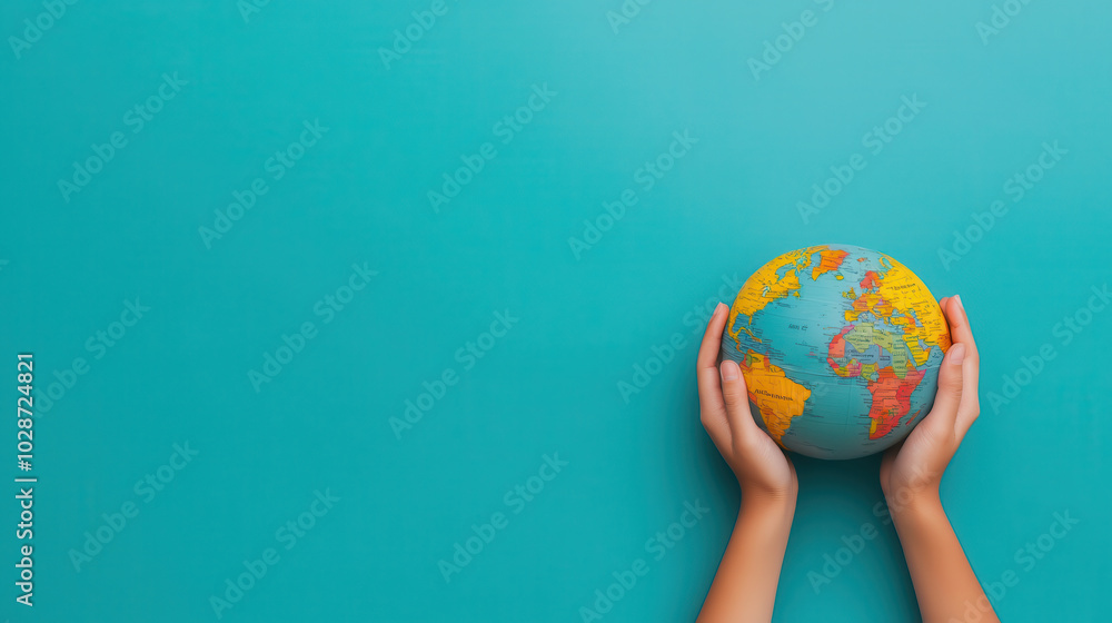 Hands holding globe on turquoise background, symbolizing global awareness and unity. This captures essence of caring for our planet and its diverse cultures Hands holding globe on turquoise background, symbolizing global awareness and unity. This captures essence of caring for our planet and its diverse cultures
