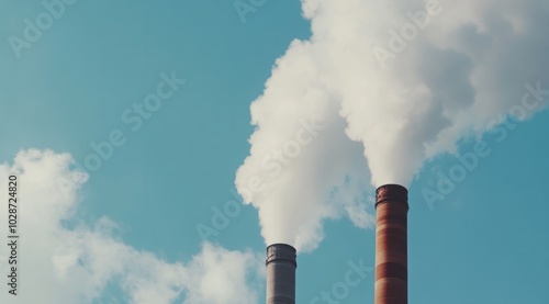 Close-up of two large smokestacks emitting thick white clouds against the blue sky,