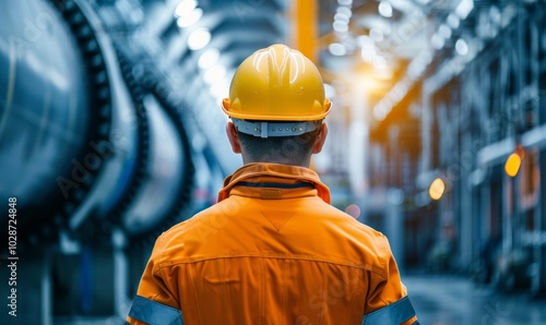 Engineer observes machinery in a large industrial facility during daylight.