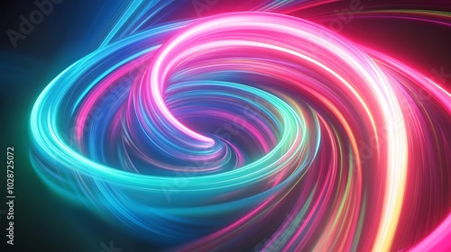 Abstract swirling neon lights in pink, blue, and white on a black background.