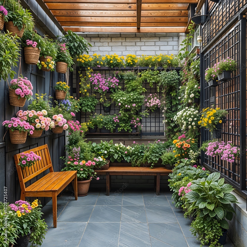 Urban Oasis: A serene patio with vibrant flower boxes, a wooden bench, and a lush green wall, creating a tranquil escape in the heart of the city. Urban Oasis: A serene patio with vibrant flower boxes, a wooden bench, and a lush green wall, creating a tranquil escape in the heart of the city.