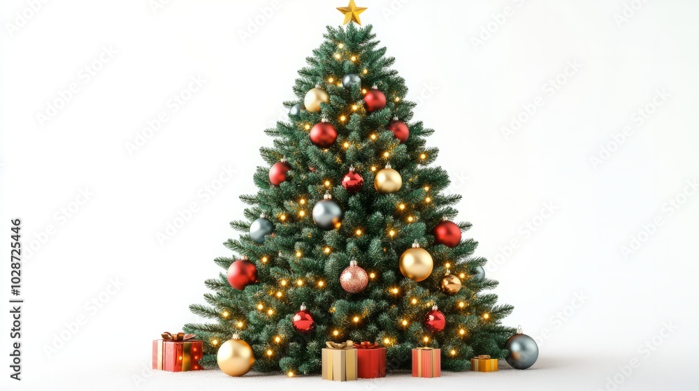 decorated christmas tree with ornaments isolated on white decorated christmas tree with ornaments isolated on white