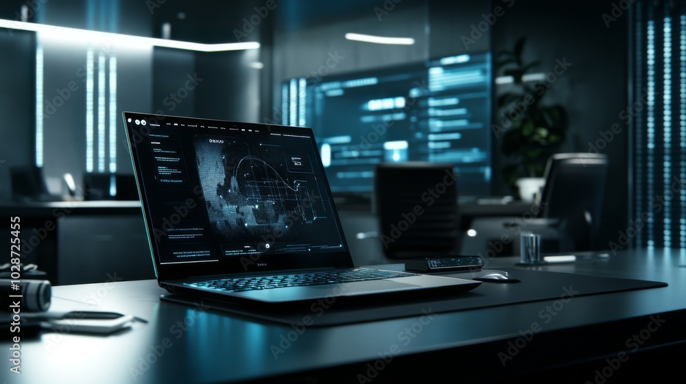 Modern office desk with a laptop displaying a map with a blue hue. Modern office desk with a laptop displaying a map with a blue hue.