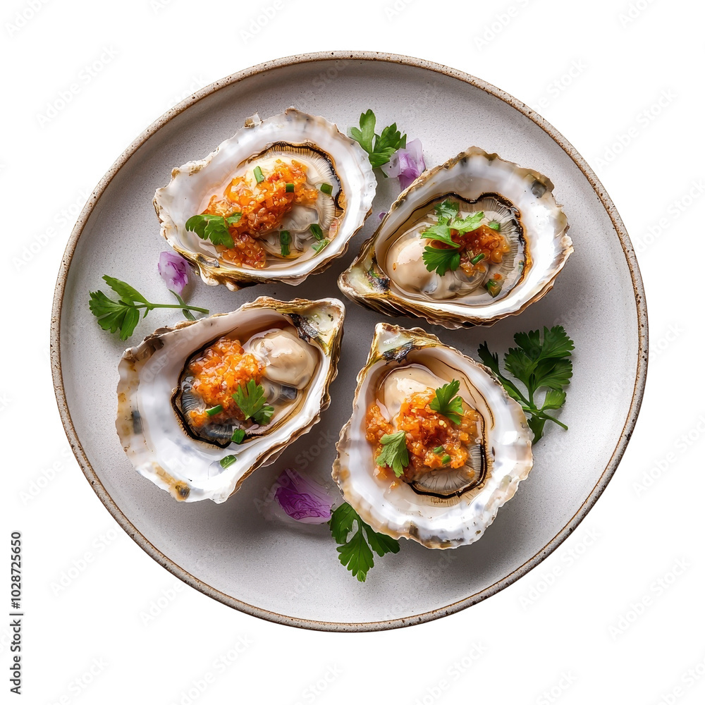 Grilled oysters on a plate, isolated on a white background, elegantly arranged with garnishes, perfect for an upscale dining experience. PNG Grilled oysters on a plate, isolated on a white background, elegantly arranged with garnishes, perfect for an upscale dining experience. PNG