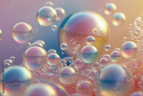 3D render holographic chrome Y2K element. Liquid metal, shiny bunch of bubbles in a blue and pink background. The bubbles are all different sizes and colors