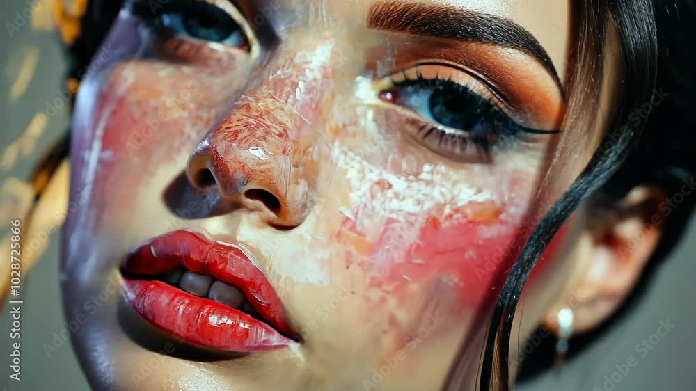 A woman with bright blue eyes and red lips stares intently at the camera, her face adorned with colorful paint A woman with bright blue eyes and red lips stares intently at the camera, her face adorned with colorful paint