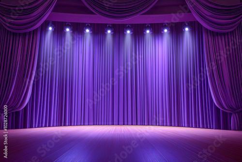 Purple stage curtains with spotlights in a theatre, ready for a performance or presentation