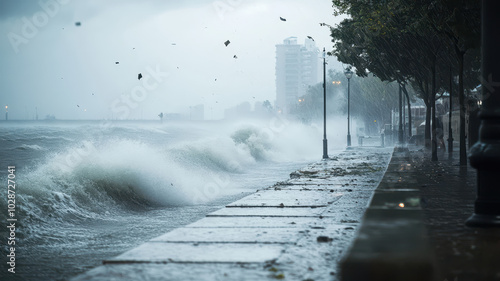 Dramatic coastal scene with turbulent waves crashing against a promenade during a heavy rainstorm, highlighting nature's power photo