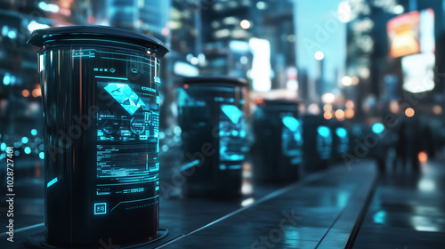 Wallpaper Mural A futuristic cityscape featuring smart waste collection bins connected to a central system, with a digital display showing real-time waste data and environmental statistics. Torontodigital.ca