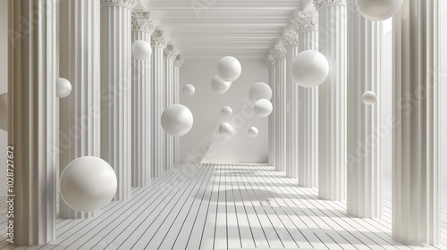 Fototapeta Naklejka Na Ścianę i Meble -  3d wallpaper featuring colorful balls in tunnels with architectural columns – stunning visual for modern interiors, creative spaces, and unique wall decor designs, ideal for artistic home aesthetics a