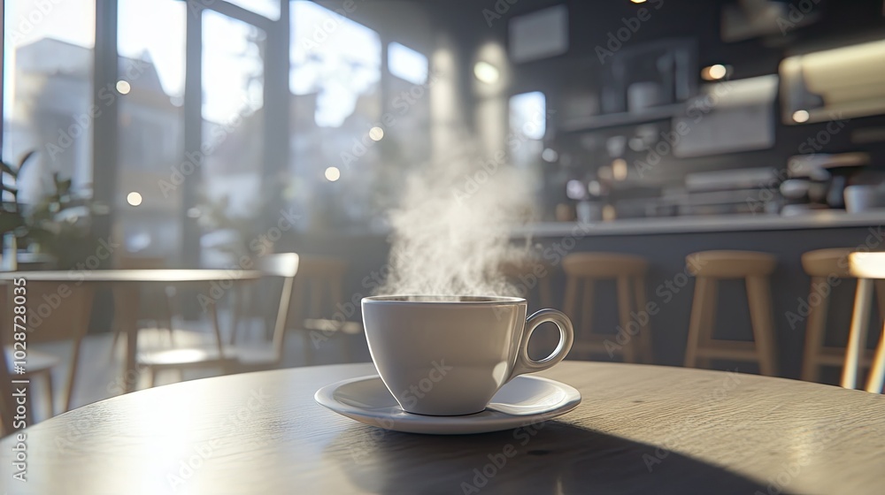 Hot Coffee Cup on Table in Cozy Cafe Setting Hot Coffee Cup on Table in Cozy Cafe Setting