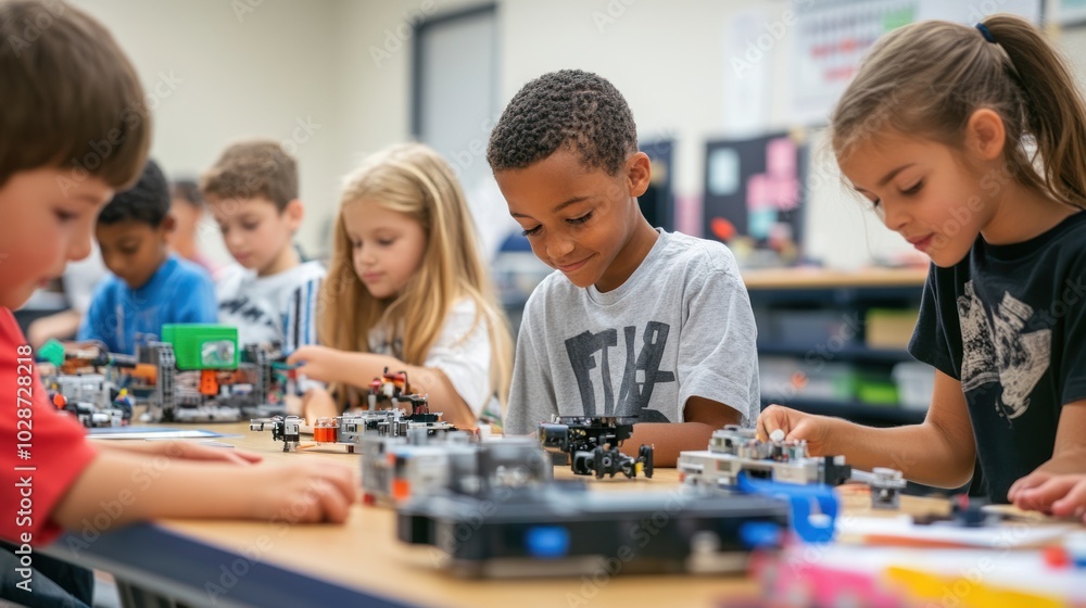 Fototapeta premium Children Building Toy Vehicles in a Classroom