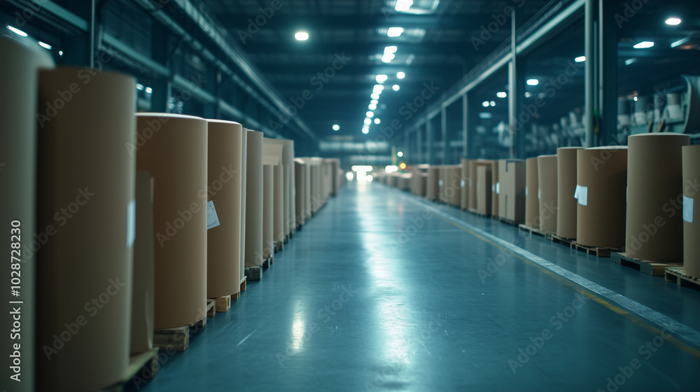 Fototapeta premium A wide-angle view of the entire paper manufacturing process, from the delivery of raw materials to the packaging of finished products, showcasing the integration of technology and