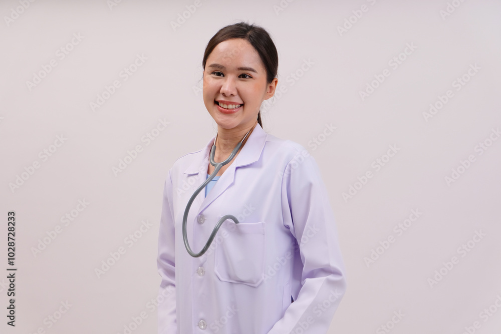 Asian female doctor smiling on white background. Asian female doctor smiling on white background.