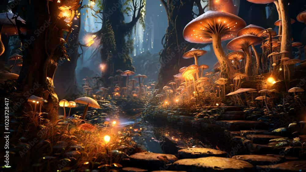Magical forest pathway illuminated by enchanting mushrooms at twilight Magical forest pathway illuminated by enchanting mushrooms at twilight