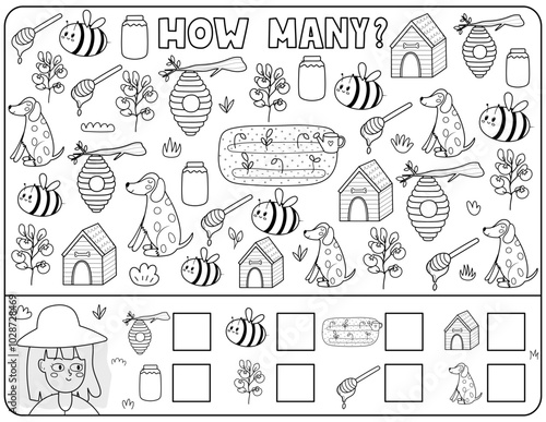 How many black and white activity page for kids with cute farm characters. Count the number of bee, dog, tomato and more. Puzzle game in outline for school and preschool. Vector illustration