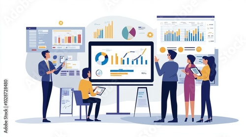 Vector illustration of office people: Optimizing business growth with integrated marketing and analytics solutions