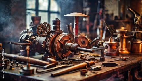 The image shows an antique locomotive with a weathered, old engine made of heavy metal, surrounded by industrial equipment It's a vintage machine from a bygone era of steel manufacturing and technolog