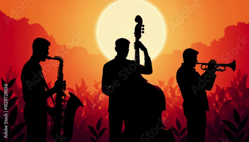 Silhouetted jazz musicians with a saxophone, double bass, and trumpet, playing against a vibrant sunset backdrop, evoking a mood of calm and creativity. photo