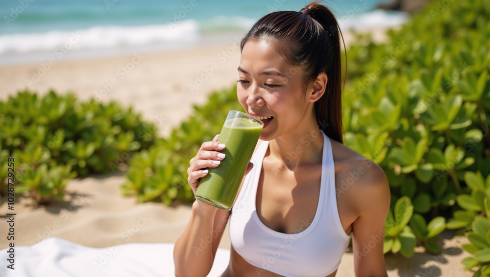 A fit mixed-race AsianCaucasian woman sips a green detox smoothie post-workout at the beach embodying health fitness lifestyle A fit mixed-race AsianCaucasian woman sips a green detox smoothie post-workout at the beach embodying health fitness lifestyle