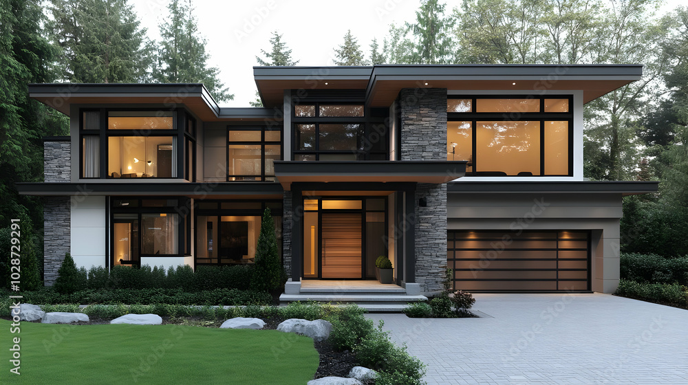 Modern house with large windows and stone accents in a green setting. Modern house with large windows and stone accents in a green setting.