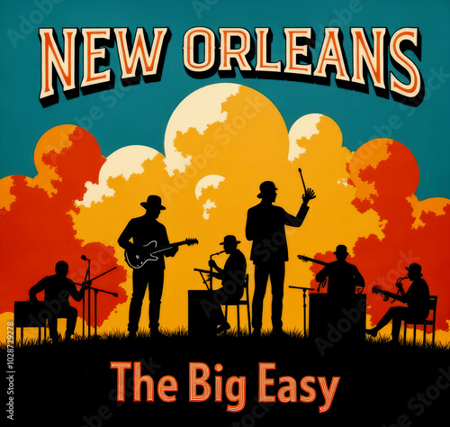 Silhouette illustration of a jazz band performing against a vibrant sunset backdrop, celebrating the musical spirit of New Orleans, also known as The Big Easy. photo