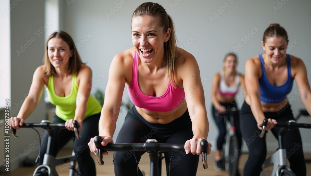 A joyful scene featuring women engaged in a spin class workout A joyful scene featuring women engaged in a spin class workout