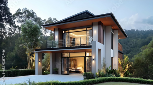 Modern house design surrounded by greenery in a serene setting.