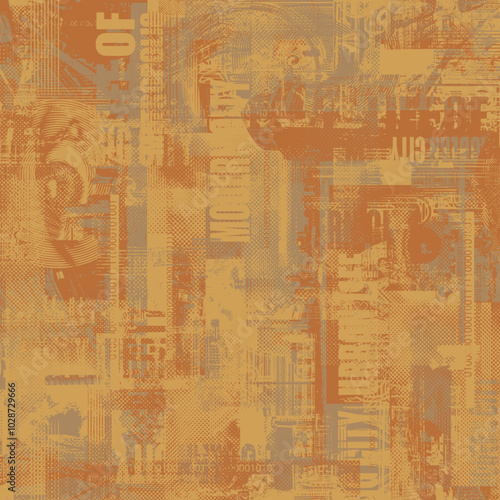 Abstract seamless pattern with newspaper headlines, concerned human eyes, urban landscapes. Chaotic vector background on the theme of city life in retro style. Wallpaper, wrapping paper, fabric design