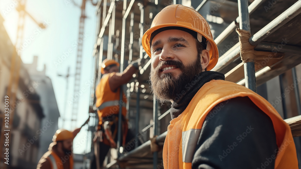 Group of construction workers wearing safety gear and helmets on a building site, focusing on a bearded man smiling in the foreground, with scaffolding and sunlight in the background. Group of construction workers wearing safety gear and helmets on a building site, focusing on a bearded man smiling in the foreground, with scaffolding and sunlight in the background.
