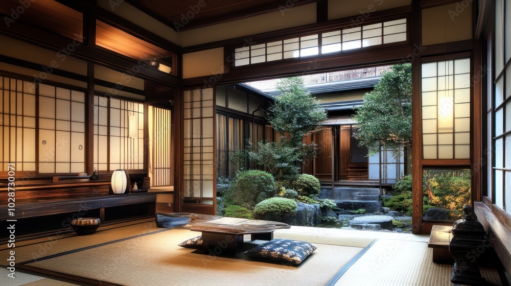 Traditional Japanese Home Interior with Garden View Traditional Japanese Home Interior with Garden View