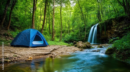 Serenity in Nature: Tent by a Tranquil Waterfall photo