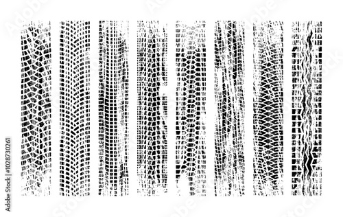 Tire tracks rough texture set. Tire tread or wheel braking tracks. Car and motorcycle tread seamless patterns.	
