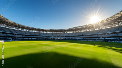 Wide-angle view of an empty football stadium with sunlight and green field