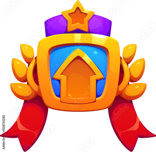 Level up game reward, rate icon. Cartoon vector pop up badge for gaming interfaces and platforms, features arrow on golden shield with red ribbon, star and laurel leaves, symbolizing user achievement