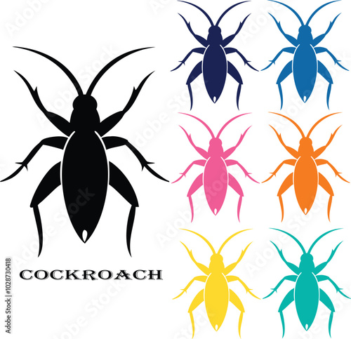 Isolated cockroach icon on white background. Black insect silhouette with multi color design.