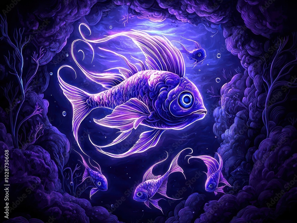 A vibrant, stylized depiction of glowing fish swimming in a deep purple underwater scene, filled with mystical swirls and bubbles. A vibrant, stylized depiction of glowing fish swimming in a deep purple underwater scene, filled with mystical swirls and bubbles.