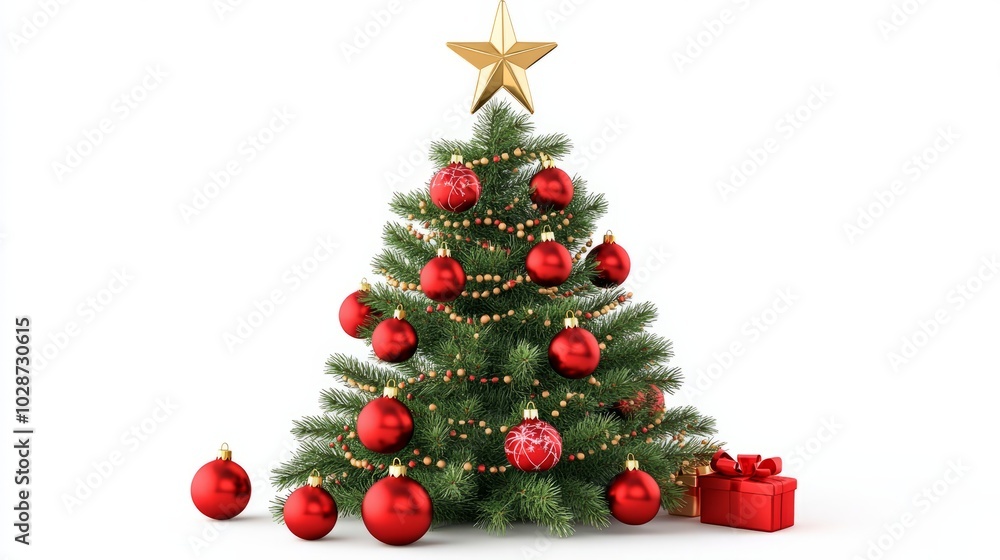 green christmas tree with red ornaments isolated on white green christmas tree with red ornaments isolated on white