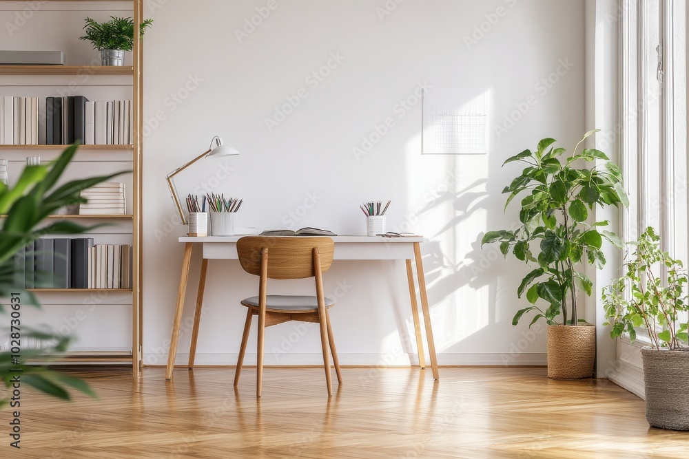 Minimalist home office with wooden desk, chair, bookcase, and plants in a sunlit room. Minimalist home office with wooden desk, chair, bookcase, and plants in a sunlit room.