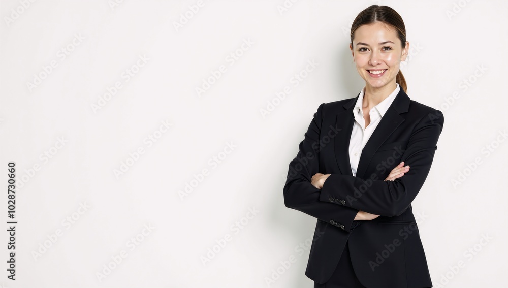 Businesswoman in suit against white backdrop Businesswoman in suit against white backdrop