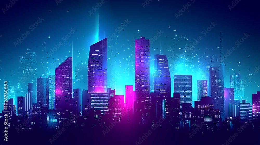 Futuristic city skyline with neon lights at night. Futuristic city skyline with neon lights at night.
