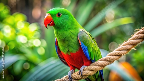 Bright Green Eclectus Parrot Perched on Rope - Long Exposure Photography