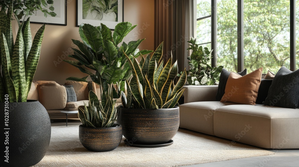 Fototapeta premium Lush Indoor Plants in Modern Living Room Setting