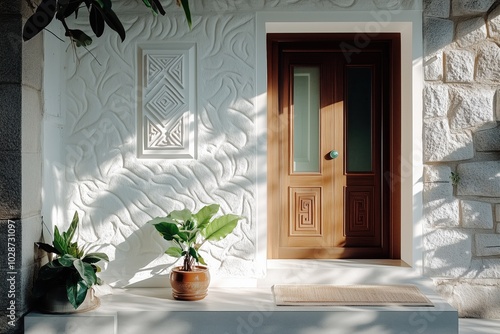 Minimalist Thai architecture  golden hour  geometric shadows  traditional elements 