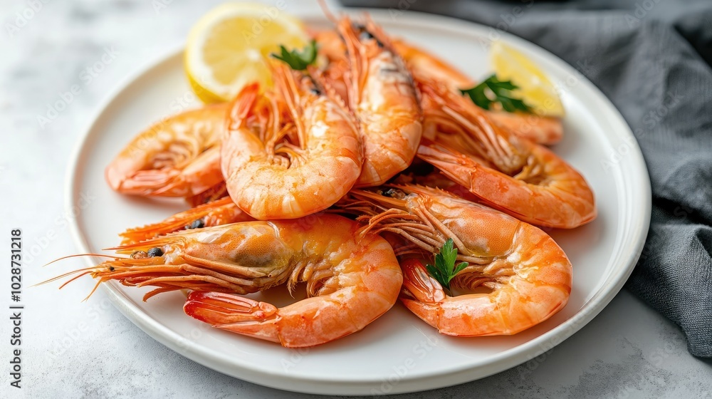 Fresh Shrimps on Plate with Lemon and Garnish Fresh Shrimps on Plate with Lemon and Garnish