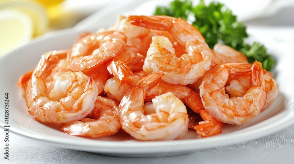 Fresh Cooked Shrimp on White Plate with Garnish Fresh Cooked Shrimp on White Plate with Garnish