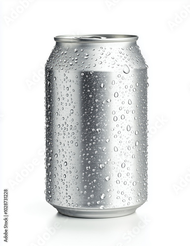 Can of soda is sitting on a white background. Aluminum can with water drops photo