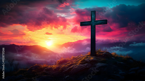 A cross silhouetted against a vibrant sunset over mountains.